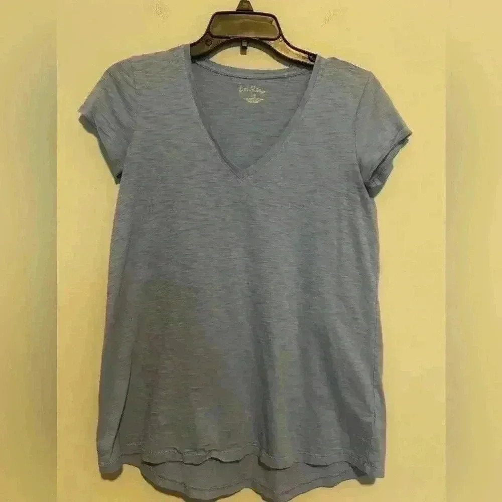 Lilly Pulitzer Etta V-Neck Top Short Sleeve  Blue Size XS 100% Cotton